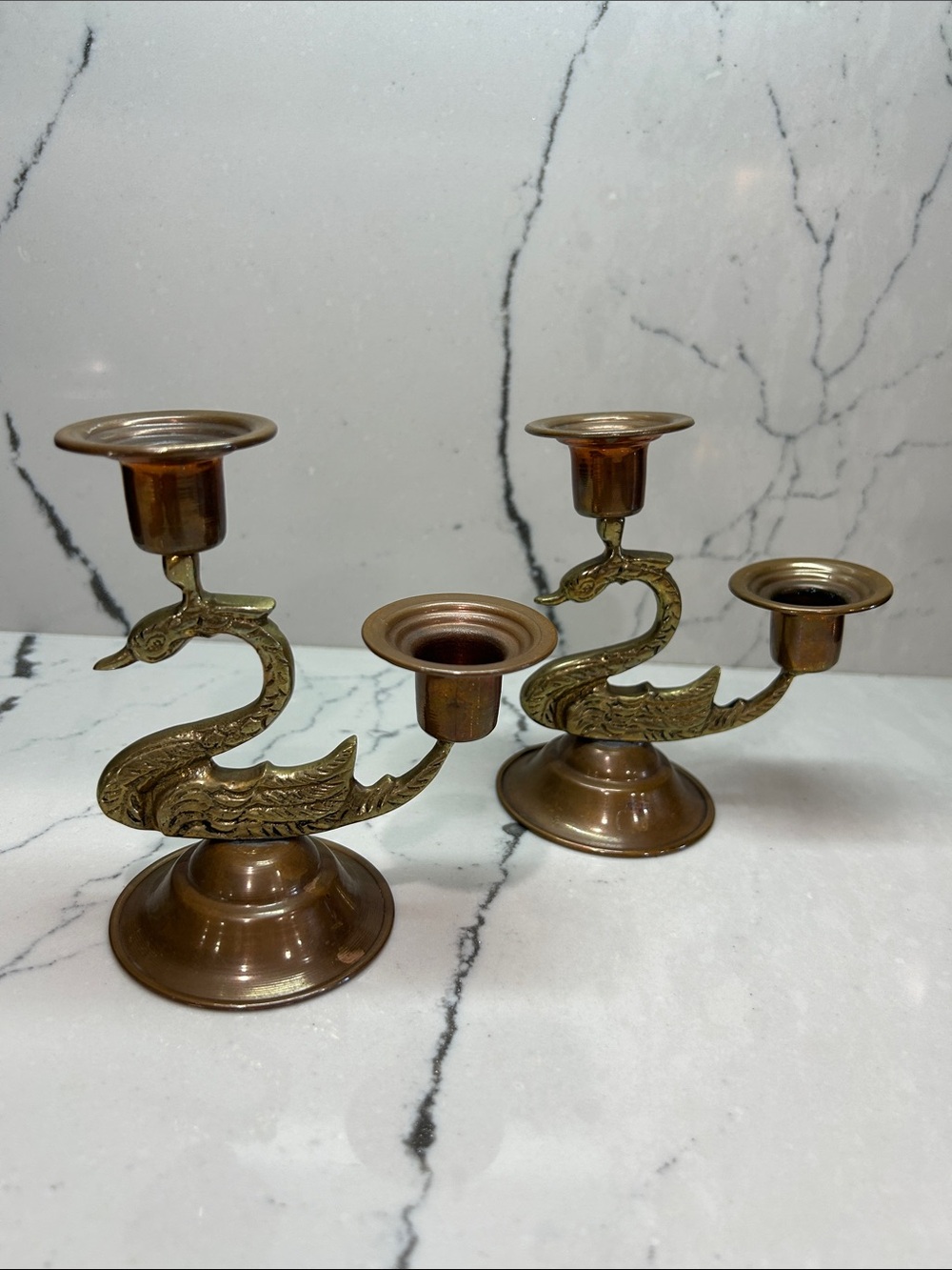 Pair of Brass and Copper Swan Double Candle Holder ( candle not included)